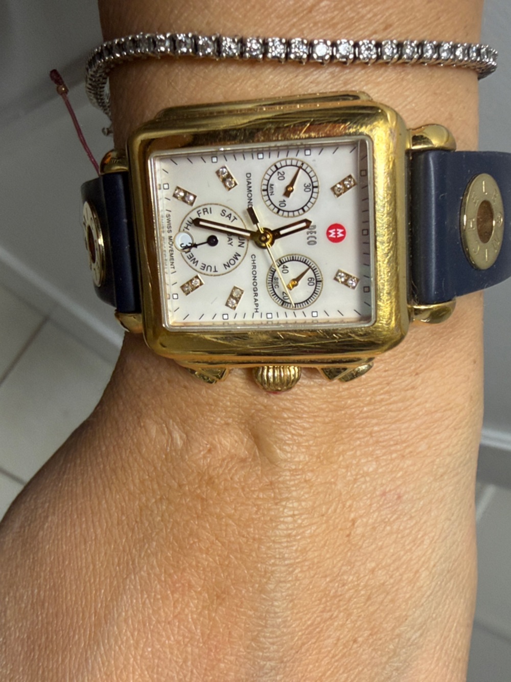 Michele Navy and Gold Square Chronograph Watch - Picture 2 of 2